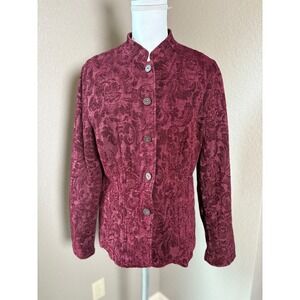 Coldwater Creek Womens Burgundy Paisley Brocade Button Up Jacket Mandarin Collar